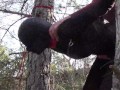 Tied up to a tree outdoor on sexy clothes, wearing pantyhose and high ankle boots heels, rough fuck