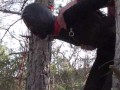 Tied up to a tree outdoor on sexy clothes, wearing pantyhose and high ankle boots heels, rough fuck
