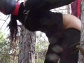 Tied up to a tree outdoor on sexy clothes, wearing pantyhose and high ankle boots heels, rough fuck