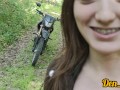 anal sex and gentle blowjob in the woods with a cute beauty in a leather jacket cute face is flooded