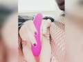 Vibing and teasing clit in ripped fishnets