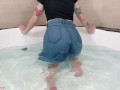 geting soaked in long jeans skirt - wetting denim fetish