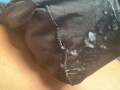 Cleaning up my thick load off my body using my Calvin Klein boxers