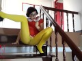 Velma performing in old house at stairway Yellow pantyhose