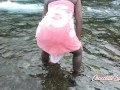 Ebony Naked underwater twirk at public river | Short clip