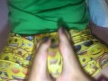 Footjob in pants made him cum through underwear