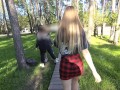 Naughty girl in miniskirt no panties flashing in the park (public upskirt)
