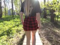 Naughty girl in miniskirt no panties flashing in the park (public upskirt)