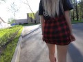Naughty girl in miniskirt no panties flashing in the park (public upskirt)