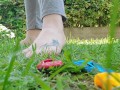 Giantess with big sweaty feet crushes toy cars and smashes them all