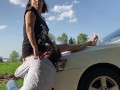 Oral sex with sexy stepmom on the way to the art gallery and huge cumshot