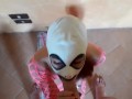 Wearing pink fishnet catsuit and pink platform ankle boots. Rough POV blowjob