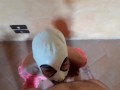 Wearing pink fishnet catsuit and pink platform ankle boots. Rough POV blowjob