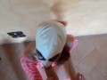 Wearing pink fishnet catsuit and pink platform ankle boots. Rough POV blowjob