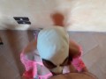 Wearing pink fishnet catsuit and pink platform ankle boots. Rough POV blowjob