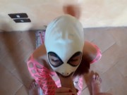 Wearing pink fishnet catsuit and pink platform ankle boots. Rough POV blowjob