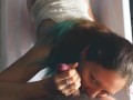 Cutie girl does blowjob and takes golden rain in the bath