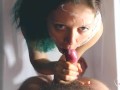 Cutie girl does blowjob and takes golden rain in the bath