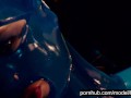 Heavy rubber goddess with big tits in transparent blue latex catsuit and mask masturbates - part 1