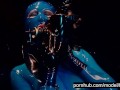 Heavy rubber goddess with big tits in transparent blue latex catsuit and mask masturbates - part 2