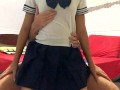 cute girl wearing japanese schoolgirl outfit gets dry humped from behind, cum in pants assjob