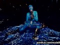 Heavy rubber goddess with big tits in transparent blue latex catsuit and mask masturbates - part 4