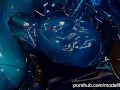 Heavy rubber goddess with big tits in transparent blue latex catsuit and mask masturbates - part 5