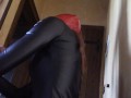 She wears leather body, boots over the knees and pantyhose. Rough blowjob and massive creampie