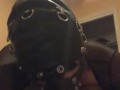 Submissive leather mask wearing slave drooling gagging all over a bbc 