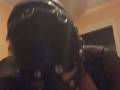 Submissive leather mask wearing slave drooling gagging all over a bbc 