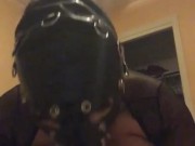 Submissive leather mask wearing slave drooling gagging all over a bbc 