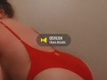 Redhead twerks in sexy red one piece bathing suit 