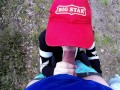 Her leggings lead to a blowjob in the woods after a run, i cum on her stuck butt