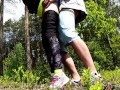 Her leggings lead to a blowjob in the woods after a run, i cum on her stuck butt