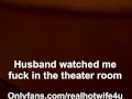 Husband cums while watching wife fuck bull in theater room