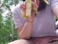 Pretty woman fucked herself with a banana in the park, and then ate it in front of people