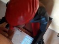 Laura On Heels wears leather body, boots over the knees and pantyhose. Rough blowjob deepthroat POV.