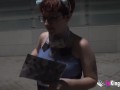 Busty nerd redhead looks for guys to suck in a public street