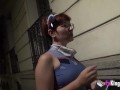 Busty nerd redhead looks for guys to suck in a public street