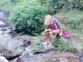 Dirty babe pissing, washing panties, ass, pussy & feet in the Waterfall stream near tourist camp