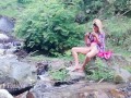 Dirty babe pissing, washing panties, ass, pussy & feet in the Waterfall stream near tourist camp