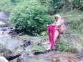 Dirty babe pissing, washing panties, ass, pussy & feet in the Waterfall stream near tourist camp