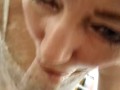 Depraved mature readhaired bitch in white lingerie and stockings fucks and sucks ))