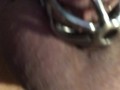 Poor guy is locked in a chastity so he uses a rotating prostate massager for some pleasure