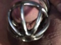 Poor guy is locked in a chastity so he uses a rotating prostate massager for some pleasure