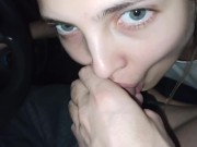 POV Amazing teen gives a blowjob in the car while it's raining outside to cheer him up and swallows