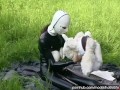 Rubber Girl Full in Black Latex Catsuit and Mask Plays with herself Outdoor in a Meadow - Part 3