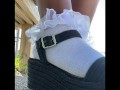 Frilly socks and wedge sandals OUTSIDE