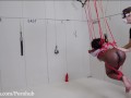 Beautiful black submissive gagged, tied up, ass whipped, and turned into an anal compass needle