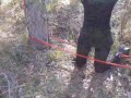 Tied to a tree on a sexy outfit, masked and outdoor deepthroat with no mercy
